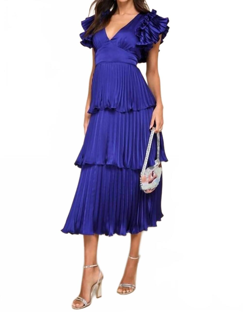 NEW LULUS stunning desire satin pleated tiered midi dress in cobalt blue